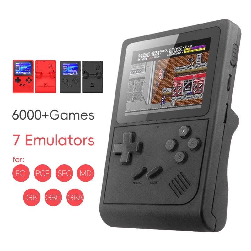 The Retro Mini Video Game for NES/SNES/GBA Emulator GB300 by HeadphoneHeat is a retro-inspired device featuring a D-pad and buttons, displaying a classic game on its screen. It includes over 6000 games across 7 emulators, such as FC, PCE, and GBA. You can choose from black, red, or grey color options.