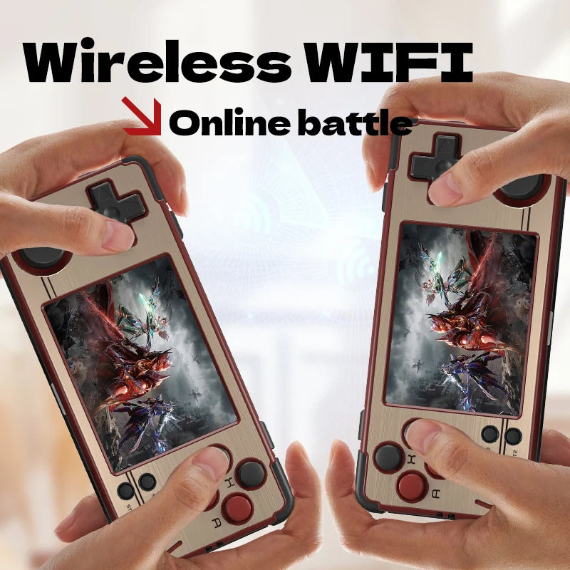 Two individuals are holding HeadphoneHeat's MIYOO A30 consoles, which display a fantasy battle game on their 2.8'' IPS screens. The text on the image says "Wireless WIFI Online battle" in classic retro gaming style, highlighted by an arrow pointing towards the phrase.