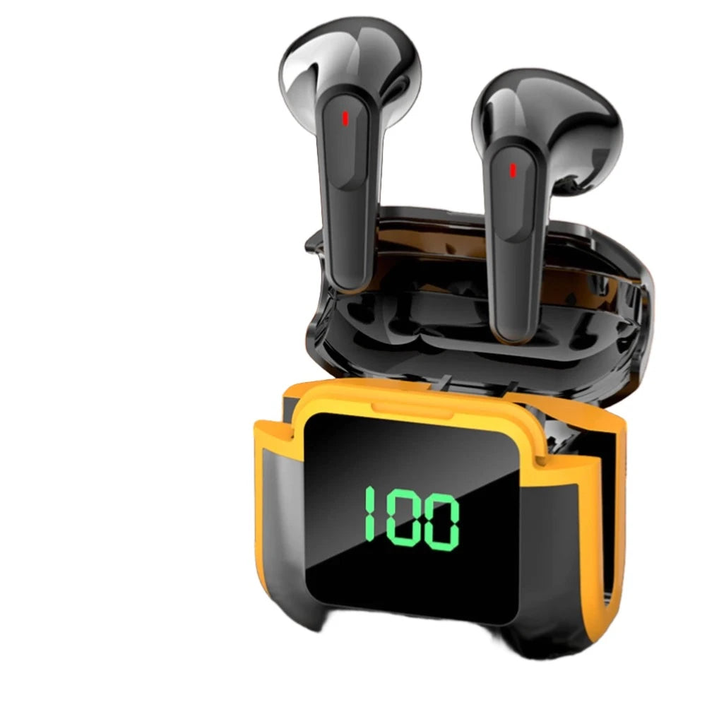 Image of the VKTECH PRO 90 Noise Reduction Earbuds by HeadphoneHeat, in black, offering HiFi sound quality. They are displayed in an open black and yellow charging case with an LED screen showing a battery level of 100%. Equipped with Bluetooth 5.3 for seamless connectivity.