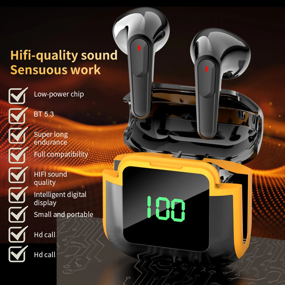 Image showcasing the VKTECH PRO 90 Noise Reduction Earbuds by HeadphoneHeat with a charging case featuring a digital display indicating the battery level at 100%. Marketing text emphasizes features such as HiFi Sound Quality, Bluetooth 5.3, low-power chip, long endurance, intelligent digital display, HD call quality, and portability.