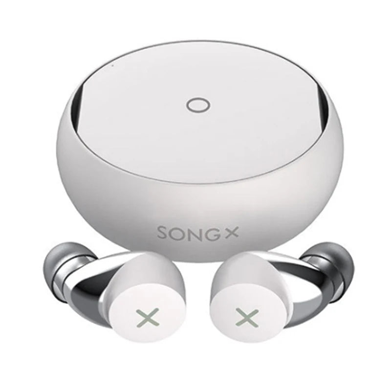 A pair of Bluetooth Kenteen’s 5.1 Earbuds from HeadphoneHeat are placed in front of a round, silver charging case. The white earbuds with gray accents feature an "X" symbol on the outer surface. The case brandishes "SONGX" and a small, circular button on top, compatible with wireless charging for added convenience.