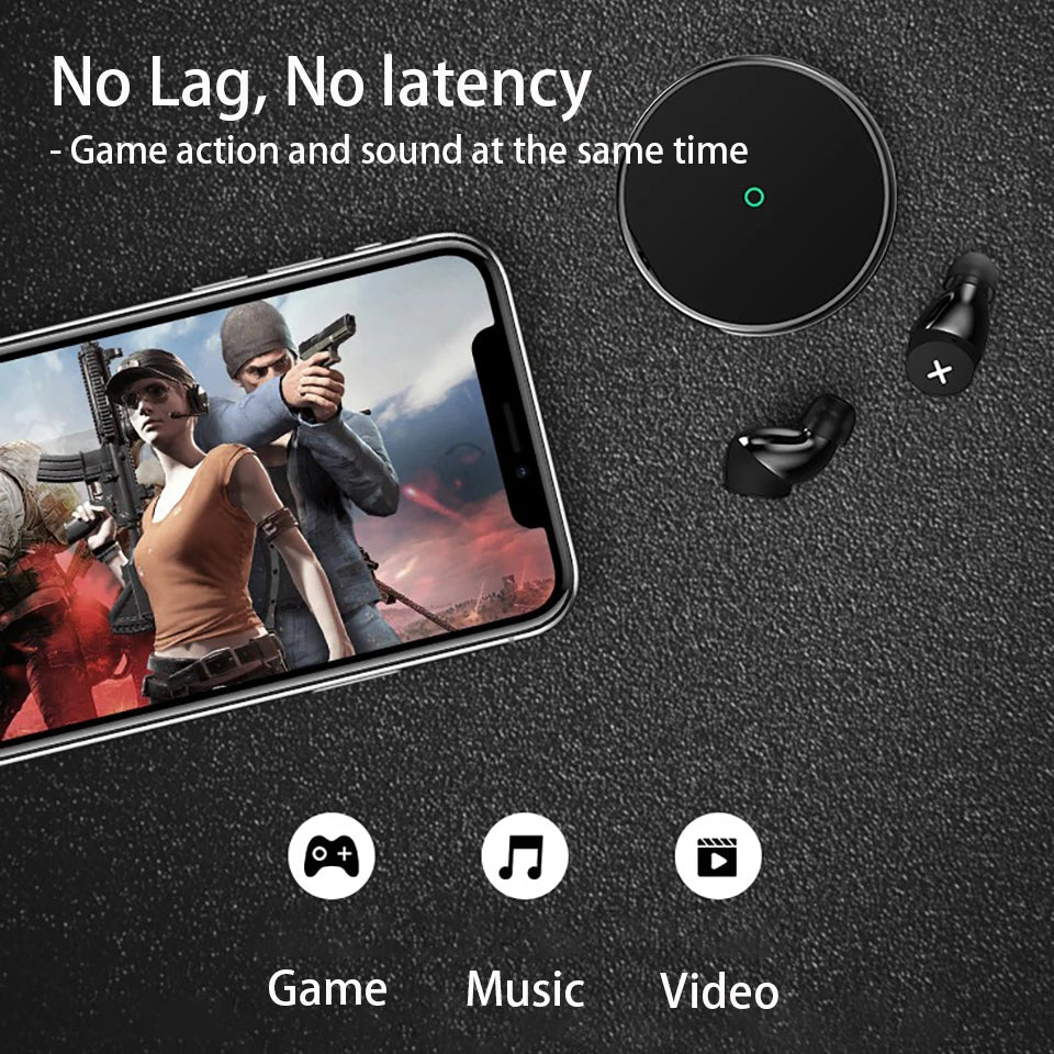 Promotional image showcasing HeadphoneHeat Bluetooth Kenteen’s 5.1 Earbuds and a smartphone displaying a video game. The text reads “No Lag, No Latency - Game action and sound at the same time,” highlighting their low-latency feature and dual driver technology. Icons for Game, Music, and Video are at the bottom.