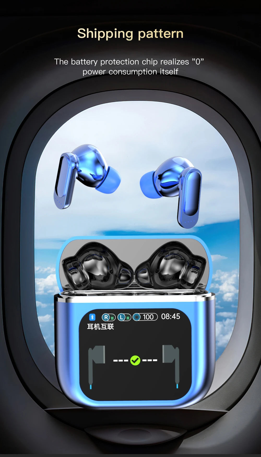 A promotional image for the LED Touch Screen Newmsnr Bluetooth 5.4 Earbuds by HeadphoneHeat. The earbuds are depicted hovering in front of an airplane window with clouds visible outside. The charging case features icons and a digital display indicating battery usage and settings, emphasizing advanced Bluetooth technology.