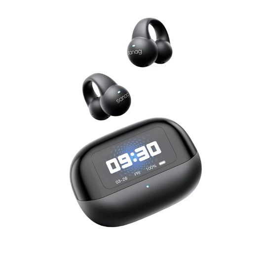 Image of a pair of black HeadphoneHeat Sanag S2 Pro Smart Screen Bluetooth Clip Earbuds above a sleek black charging case. The case features a digital display showing the time "09:30," battery life indicators, and the date "03-26" with the day marked as "FRI." Featuring Bluetooth 5.3 technology, these earbuds promise dynamic sound quality.