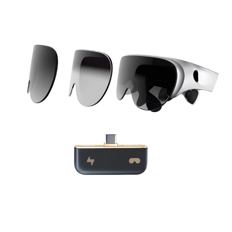 The Rokid Air Smart VR Glasses by HeadphoneHeat feature a sleek silver and black design, paired with two interchangeable tinted lenses. These lenses position above a compact dark gray rectangular connector, which includes a USB-C plug on top and icons of a lightning bolt and a VR headset.