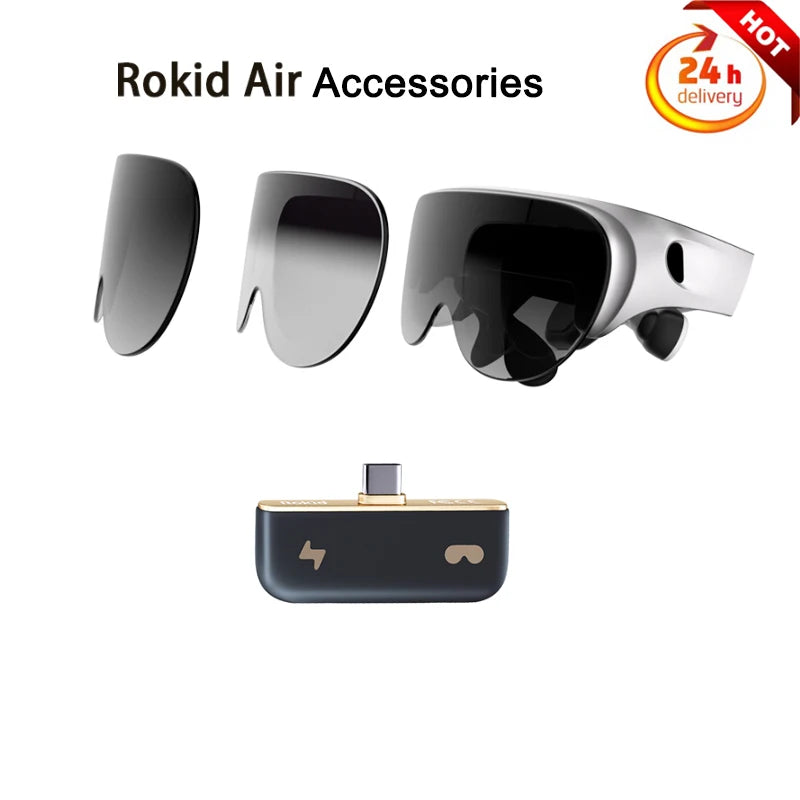 Image showing accessories for the HeadphoneHeat Rokid Air Smart VR Glasses with "24h delivery" and "HOT" tags. Three items displayed: Two lens sets for smart AR glasses, and a small charging device with a USB connector, featuring bolt and VR headset symbols.