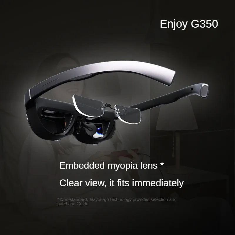 A pair of Grawoow G350 3D Movie Augmented Reality Head Display by HeadphoneHeat with embedded myopia lenses. The background is dark, showcasing the AR glasses, while text reads "Clear view, it fits immediately" with a note about non-standard, as-you-go technology and high-definition visuals.