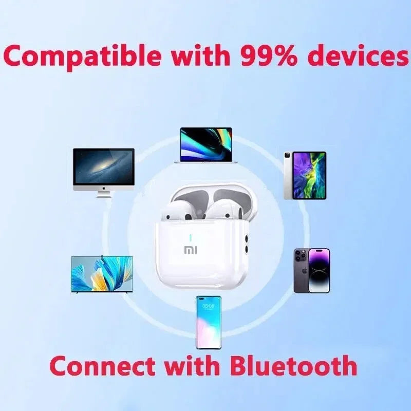 An advertisement showcases the white Xiaomi MIJIA Bluetooth Earbuds by HeadphoneHeat in a sleek white charging case adorned with colorful LED indicators. The text reads "Compatible with 99% devices" and "Connect with Bluetooth," and depicts various devices such as laptops, tablets, and smartphones surrounding the true wireless earbuds.