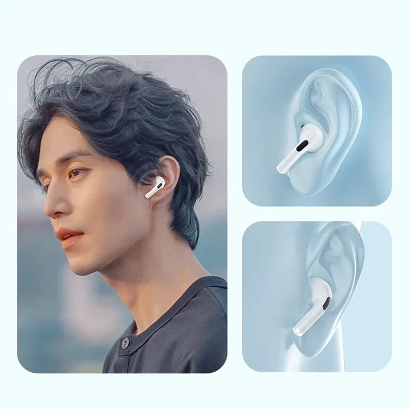 A person with dark hair is wearing HeadphoneHeat's Xiaomi MIJIA Bluetooth Earbuds. Two close-up images of ears with the earbuds inserted are shown to the right, showcasing how the true wireless earphones fit. The background is blurred, emphasizing the person's face and the earbud details.