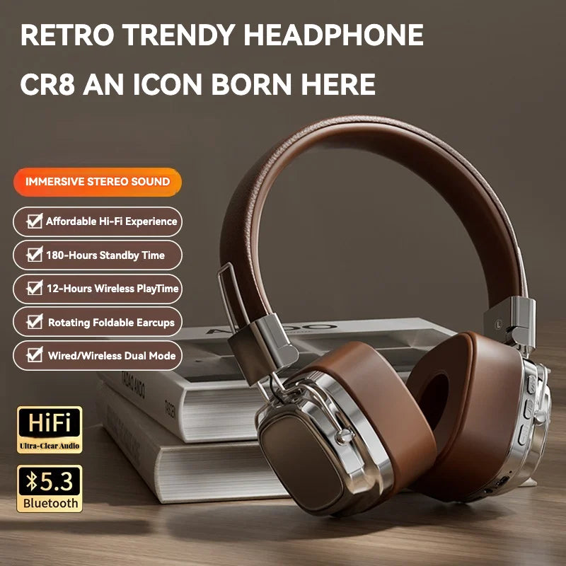 The CR-8 DUTRIEUX Classic Over Ear Stereo Headphones by HeadphoneHeat, featuring a brown retro design with metallic accents, sit atop two books. They offer Hi-Fi sound isolation, 180-hour standby time, and wireless playtime. Experience Bluetooth 5.3 and hybrid connectivity with rotating foldable earcups for enhanced flexibility.