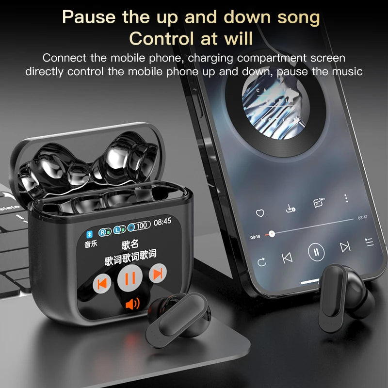 The LED Touch Screen Newmsnr Bluetooth 5.4 Earbuds by HeadphoneHeat, in black and featuring active noise-cancellation, are showcased along with their charging case. The case is equipped with a digital screen displaying playback controls and battery level indicators. Nearby, a smartphone displays a music player interface, all set against a gray surface.