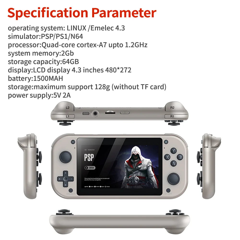 An image showcasing the specifications of the HeadphoneHeat HRUEDA M17 Handheld Portable Game Console Linux PSP/N64. This retro gaming console features a Linux/Emuelec 4.3 OS, PSP/PS1/N64 simulator, Quad-core Cortex-A7 processor, 2GB RAM, 64GB storage, 4.3-inch 480x272 LCD display, 1500mAh battery, and a