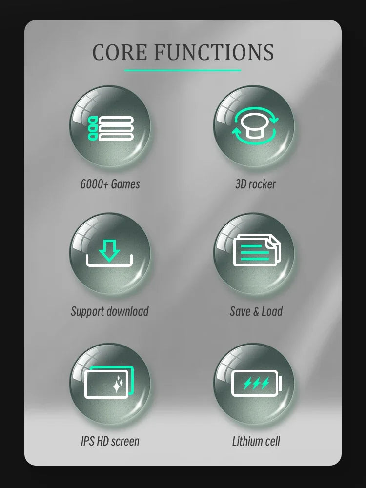 An image showcasing a list of core functions for the HeadphoneHeat DATA FROG SF2000 Black Handheld Game Console. Functions include 6000+ games, 3D rocker, support download, save & load, IPS HD screen, and lithium cell. Each function is represented by an icon inside a green and gray circular button.