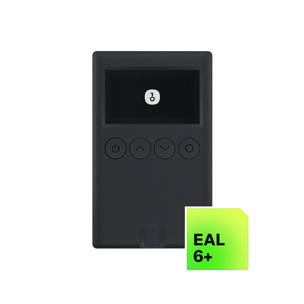 The Crypto Hardware Wallet EAL 6+ Classic by HeadphoneHeat is a compact, black electronic device featuring a rectangular OLED display that shows a lock icon. Beneath the screen, there are four circular buttons marked with directional arrows for up, left, right, and down. A nearby green label reads "EAL 6+." The device also includes Bluetooth connectivity and a USB Type-C port.