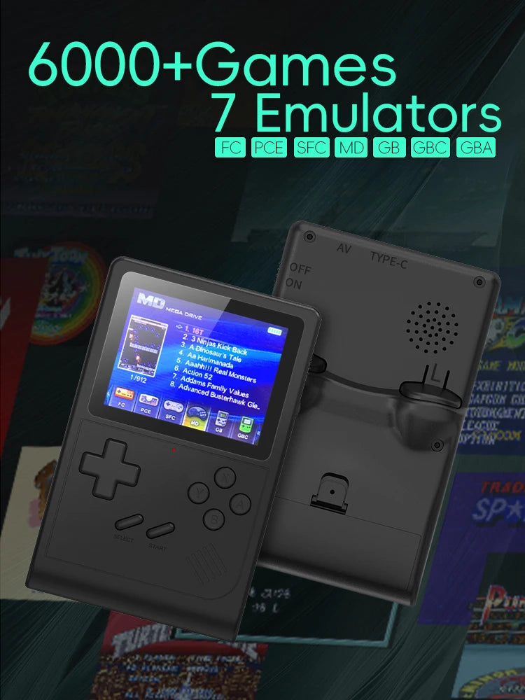 Introducing the Retro Mini Video Game for NES/SNES/GBA Emulator GB300 by HeadphoneHeat. This compact handheld console showcases a vibrant screen with an intuitive game selection menu featuring over 6000 games and support for 7 emulators, including FC, PCE, SFC, MD, GB, GBC, and GBA. Enjoy seamless gaming with its responsive D-pad and tactile buttons.