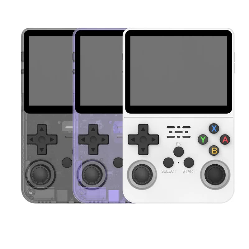 The image showcases three Retro R36S ZUIDID Handheld Game Consoles from HeadphoneHeat, each featuring a nostalgic retro design, arranged in a semi-transparent overlapping manner. The first console is grey, the middle one is purple, and the front one is white. Each device comes with a 3.5-inch screen, D-pad, two joysticks, and vibrant buttons reminiscent of classic gaming systems.