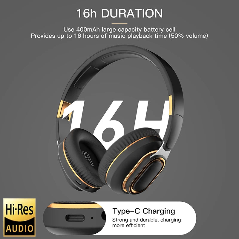 Image of black and gold HeadphoneHeat FITHEM H7 Pro max Wireless Headphones with text highlighting features. Text reads: "16h DURATION. Use 400mAh large capacity battery cell. Provides up to 16 hours of music playback time (50% volume). Type-C Charging. Hi-Res AUDIO. Bluetooth 5.0 for seamless connectivity.