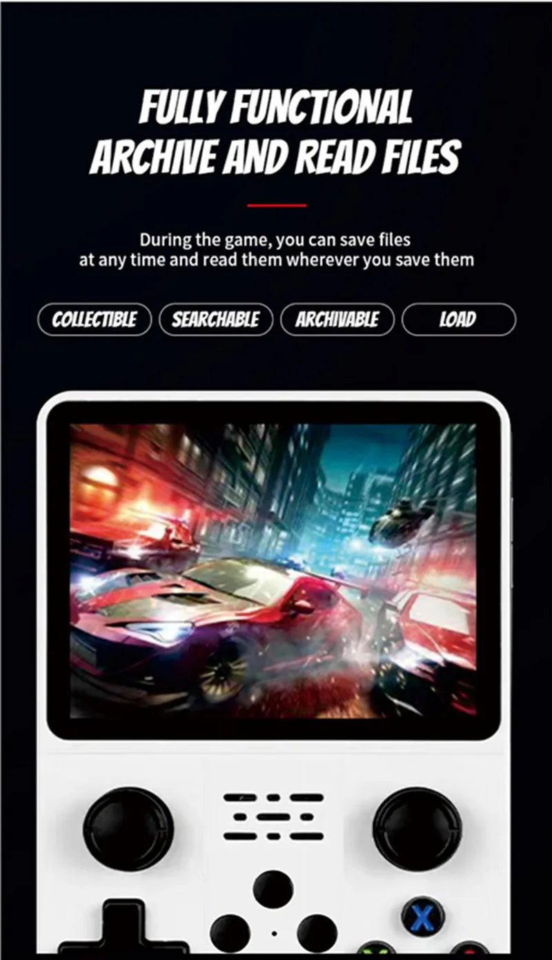 An advertisement for the Retro R36S ZUIDID Handheld Game Console Retro -Linux System 3.5 Inch by HeadphoneHeat features a screen displaying a racing game. Text above the console reads, "Fully Functional Archive and Read Files". Additional text states, "During the game, you can save files at any time and read them wherever you save them." Various icons with labels Collectible, Searchable, Archivable, and Load are displayed below the text.