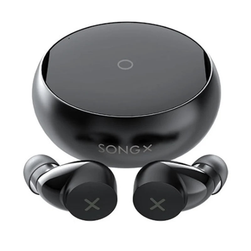 A pair of black wireless Bluetooth Kenteen’s 5.1 Earbuds with "X" symbols on the ends, placed in front of their matching circular charging case. The case, labeled "HeadphoneHeat," features dual driver technology and has a sleek design with a small indicator light on its surface.