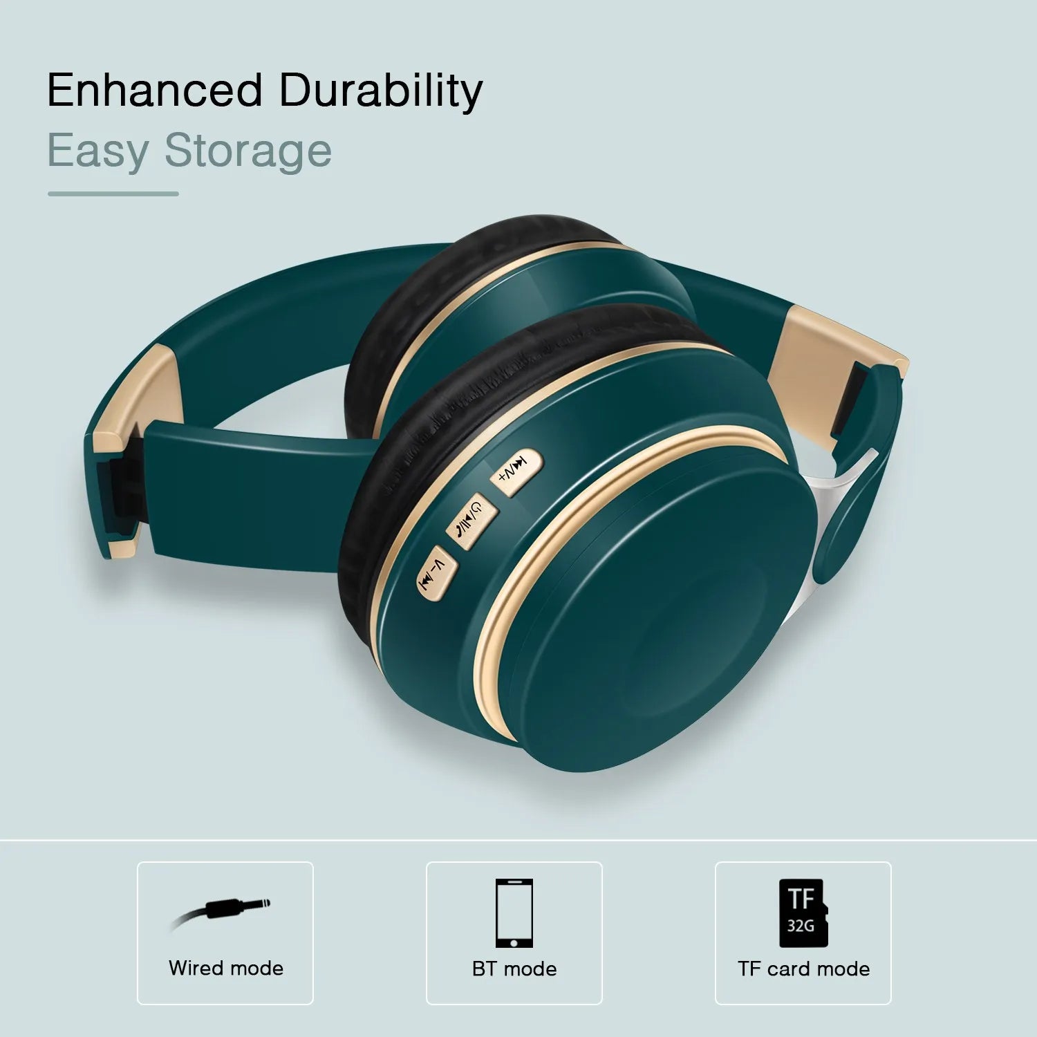 Experience superior sound quality with the dark green and beige Wireless Bluetooth CATASSU Headphones by HeadphoneHeat. Featuring "Enhanced Durability, Easy Storage," these headphones offer a versatile audio experience in wired mode, Bluetooth mode, and TF card mode. Enhance your immersive audio journey with icons representing each feature.