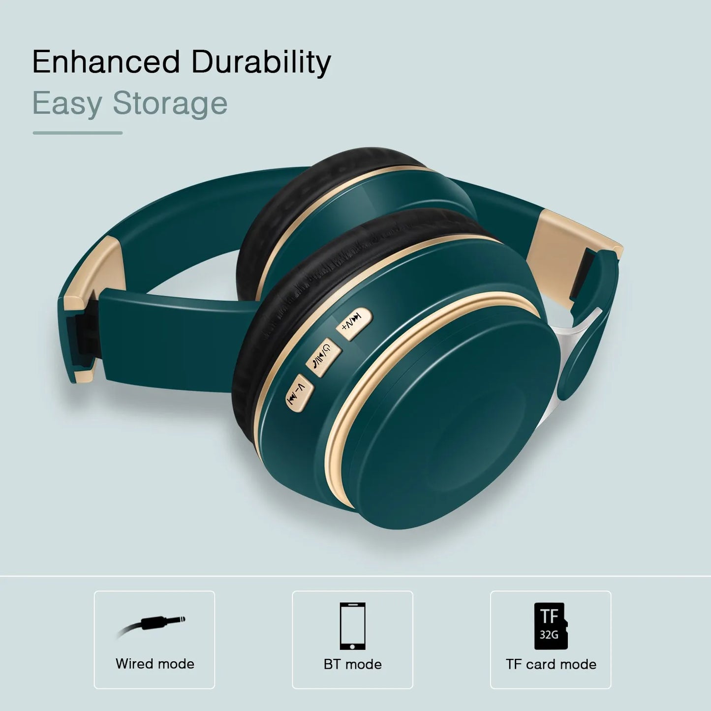 Image of the HeadphoneHeat Wireless Bluetooth CATASSU Headphones in green and gold, featuring over-ear design with buttons on the side. Text above reads "Enhanced Durability, Easy Storage." Icons below highlight compatibility with wired mode, Bluetooth mode, and TF card mode for superior sound quality.