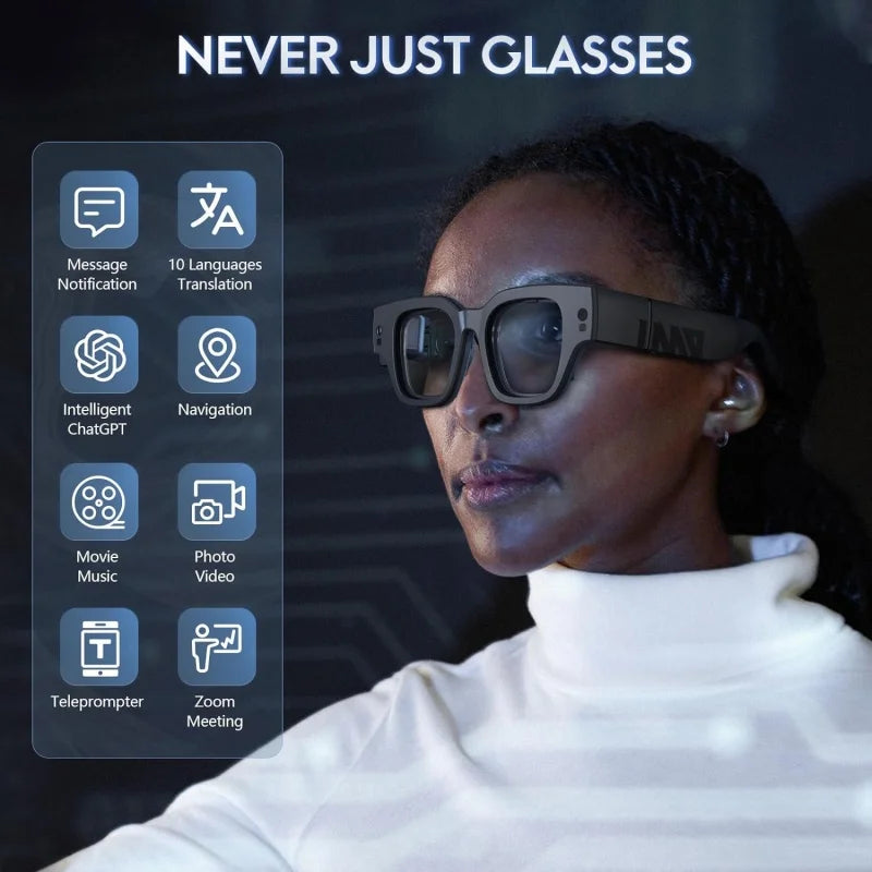 A person wearing the sleek Inmo Air 2 -Smart AR Ring Control glasses by HeadphoneHeat, showcasing its impressive digital features. The advanced technology includes Message Notification, 10 Languages Translation, Intelligent ChatGPT, Navigation, Movie Music, Photo Video capabilities, a Teleprompter function, and Zoom Meeting support. Text above reads "NEVER JUST GLASSES".