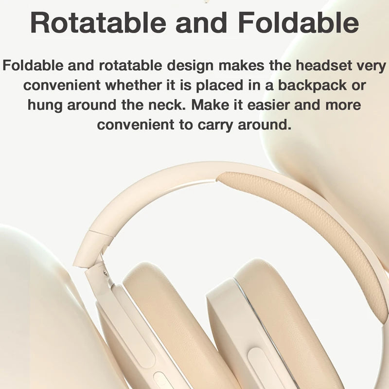 A close-up of cream-colored GENAI P2961 Wireless Headphones by HeadphoneHeat set against a light background. Text above reads, "Rotatable and Foldable," emphasizing their convenience for storage in a backpack or around the neck, combined with superior sound quality and Bluetooth 5.3 wireless connectivity.