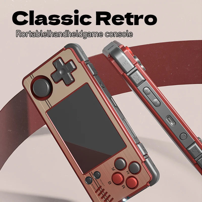 Introducing the MIYOO A30 Console from HeadphoneHeat, a classic retro portable handheld game player with a striking red and black design. It features a 2.8-inch IPS screen, accompanied by a D-pad, joystick, buttons, and side controls. The background highlights a stylish gradient with wavy lines—perfect for retro gaming enthusiasts.