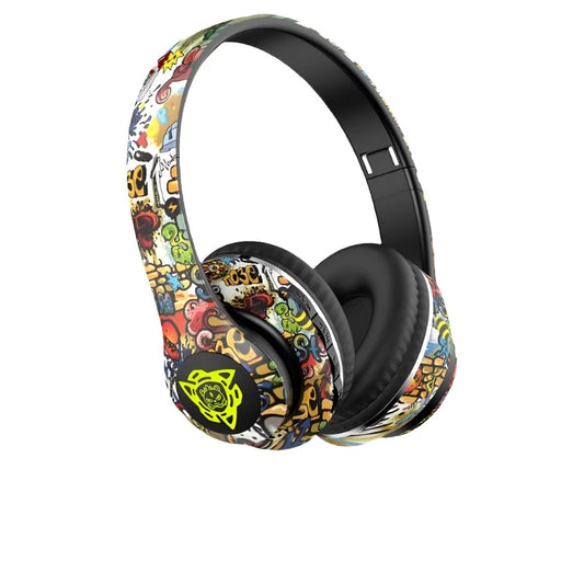 Introducing the HeadphoneHeat Newmsnr Graffiti Foldable Wireless Bluetooth Headphones: these colorful over-ear headphones feature a vibrant graffiti-style design, boasting Bluetooth 5.1 and active noise cancellation. The abstract patterns adorn the headband and ear cups, complemented by a sleek black inner lining and a subtle yellow logo on the side.