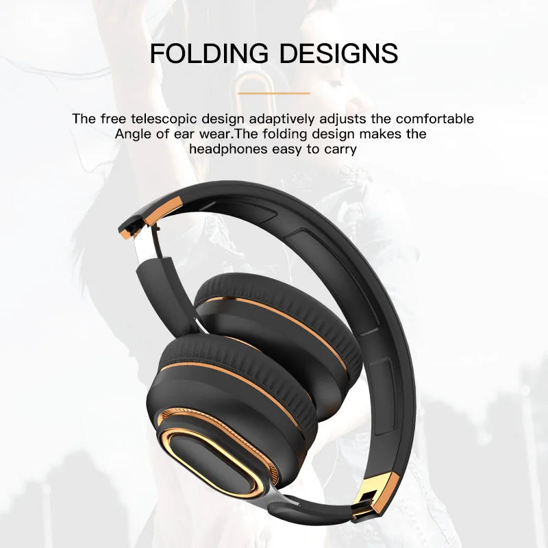 Image of black and orange over-ear **FITHEM H7 Pro max Wireless Headphones** with "Folding Designs" written above. The text reads, "The free telescopic design adaptively adjusts the comfortable angle of ear wear. The folding design makes the **HeadphoneHeat** Bluetooth 5.0 headphones easy to carry." Background shows a blurred image of a person.