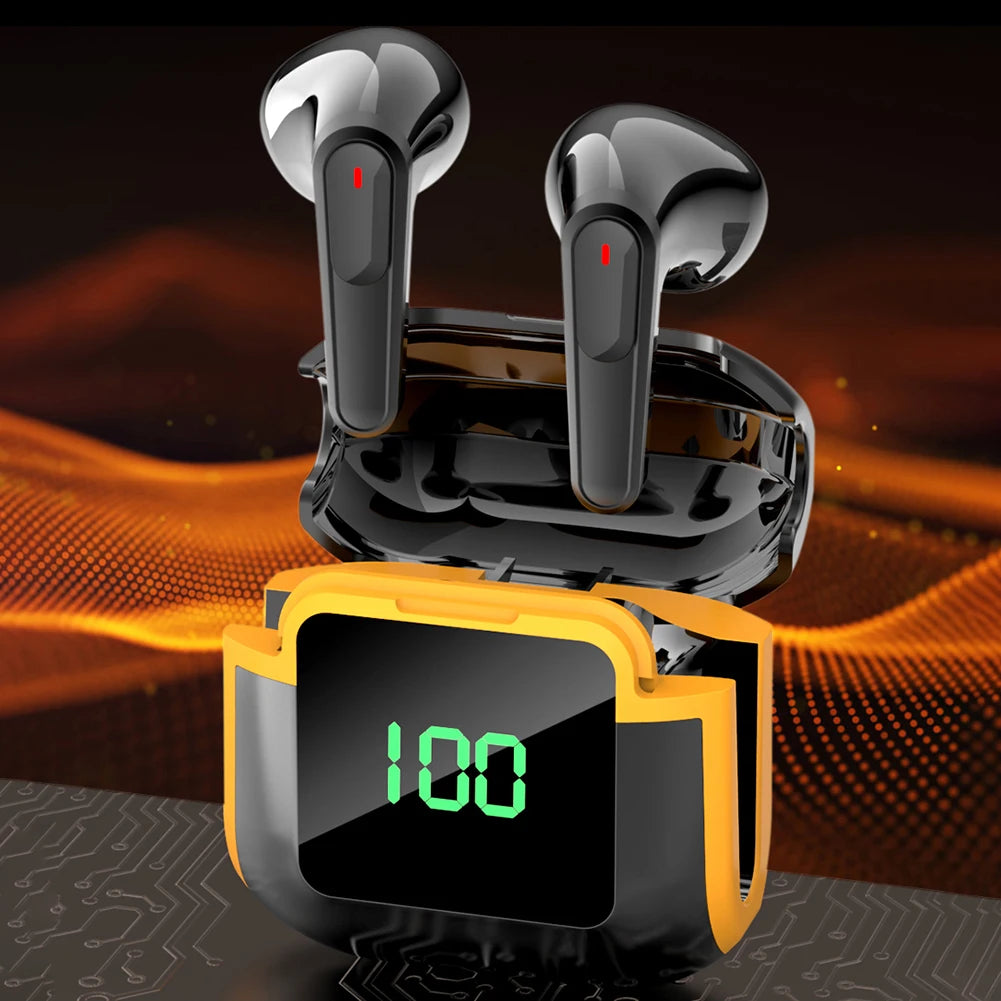 A pair of VKTECH PRO 90 Noise Reduction Earbuds from HeadphoneHeat, featuring black wireless buds with red accents, sit in an open charging case. Equipped with Bluetooth 5.3, these earbuds offer HiFi sound quality. The case has a digital display on the front showing "100" in green, indicating a full charge. The background highlights a dynamic orange wave pattern over a dark surface.