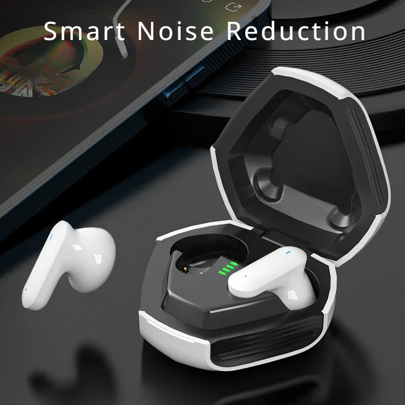 A pair of Esports ZIXZEX Game Bluetooth TWS Earbuds by HeadphoneHeat is displayed, with one earbud inside an open, black and white charging case. Another earbud is placed outside the case. The text "Smart Noise Reduction" is displayed at the top of the image. A smartphone is partially visible in the background.