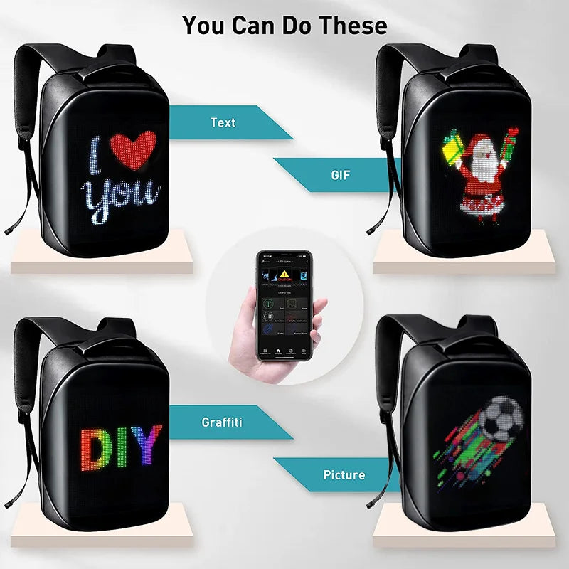 An image highlights four black LED Advertising Backpacks by HeadphoneHeat, crafted from Oxford cloth. Each backpack's LED display showcases distinct content: the text "I ♥️ YOU," a GIF of Santa Claus, "DIY" graffiti, and a soccer ball graphic. A smartphone positioned in the center manages these dynamic displays via an intuitive interface.