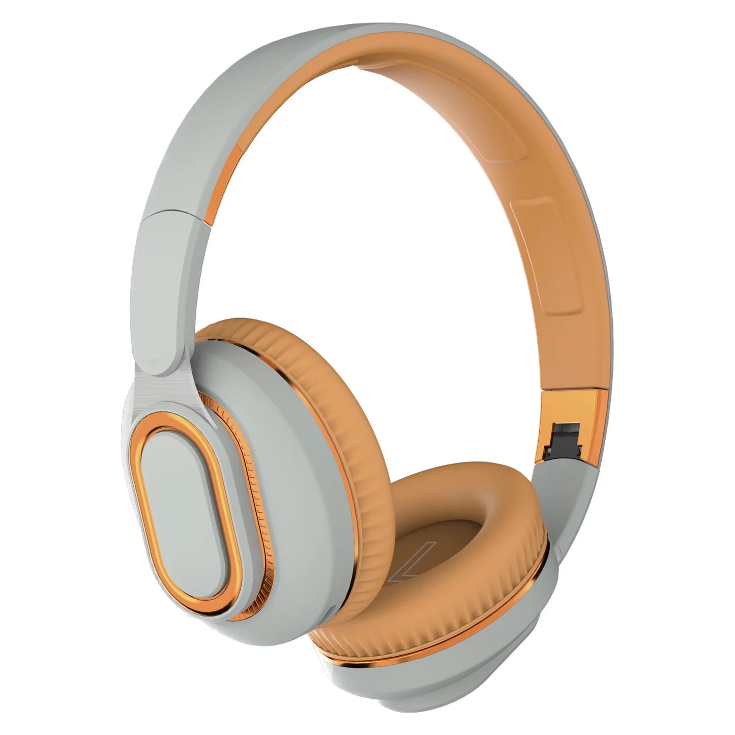 A pair of modern over-ear headphones with a sleek design, featuring a light gray and orange color scheme. These HeadphoneHeat FITHEM H7 Pro max Wireless Headphones offer Bluetooth 5.0 connectivity, with padded headband and ear cushions for comfort, and oval-shaped ear cups for an ergonomic fit.