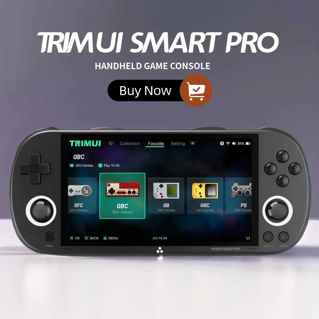 The image showcases the TRIMU Handheld Pro Game Console by HeadphoneHeat against a plain backdrop, featuring over 9000 retro games like SFC and GBC. Buttons and control pads are clearly visible, while the "Buy Now" text with a shopping cart icon floats above this treasure for handheld game players.