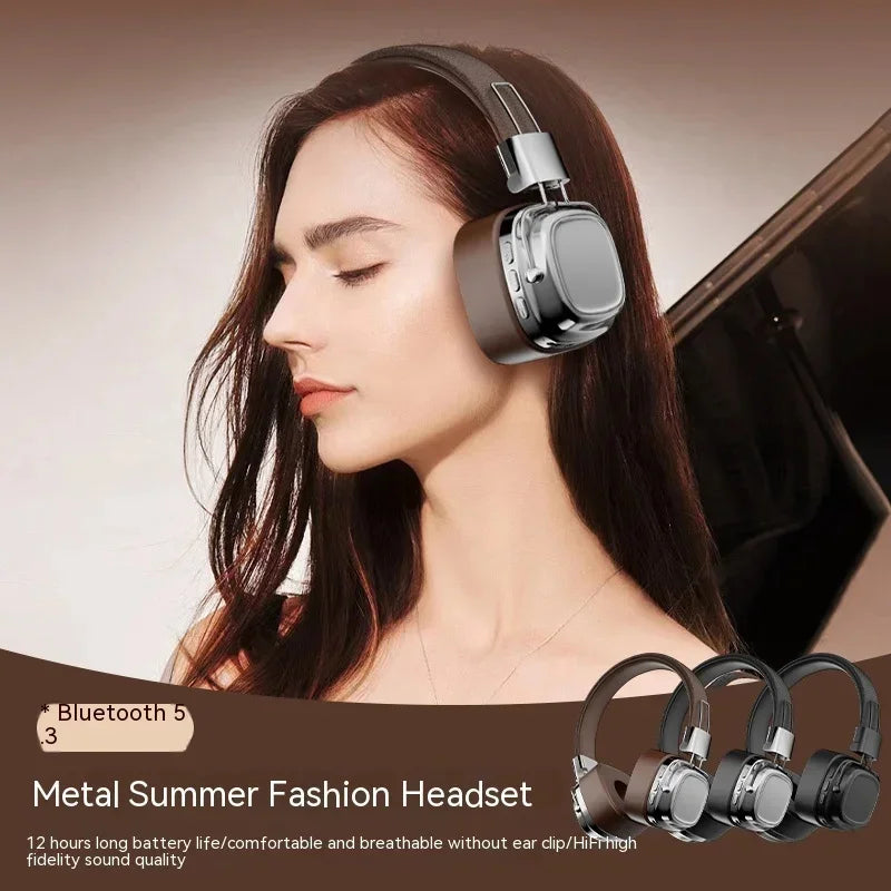 A person with long brown hair wears large metallic CR-8 DUTRIEUX Classic Over Ear Stereo Headphones by HeadphoneHeat, standing against a blurred background. Three smaller images showcase the headphones in various colors. Text highlights features such as sound isolation, hybrid connectivity, extended battery life, and superior sound quality.