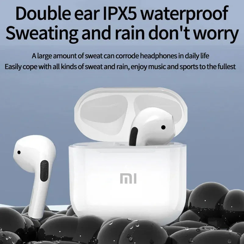 Image depicting a pair of white Xiaomi MIJIA Bluetooth Earbuds by HeadphoneHeat resting in their charging case, surrounded by water droplets. The text above reads, "Double ear IPX5 waterproof. Sweating and rain don't worry." Below it, smaller text elaborates on the benefits of the waterproof feature in these true wireless earphones.