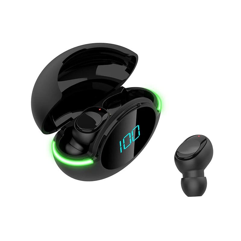 A pair of Y80 Wireless Bluetooth Earbuds by HeadphoneHeat is showcased with one earbud inside and the other outside a sleek black charging case. The case features a digital display screen showing "100" and is lined with a green LED light around the edge, delivering HiFi audio for an exceptional listening experience using advanced Bluetooth 5.0 technology.