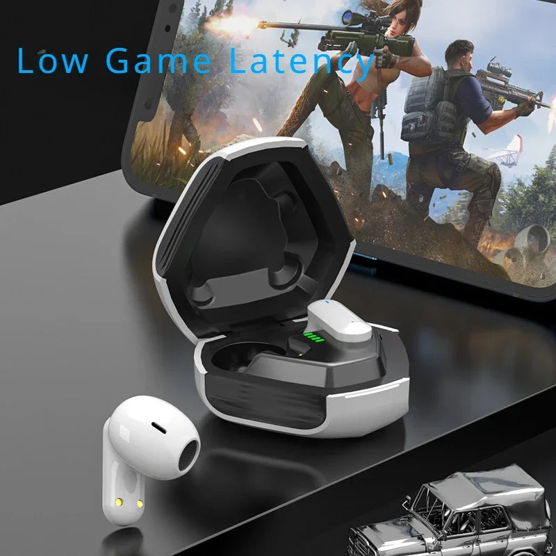 A pair of HeadphoneHeat Esports ZIXZEX Game Bluetooth TWS Earbuds with active noise-cancellation and their charging case are placed on a table in front of a smartphone displaying a shooting game. "Low Game Latency" text is visible at the top of the image. The earbuds and charging case are white with green charging indicators.