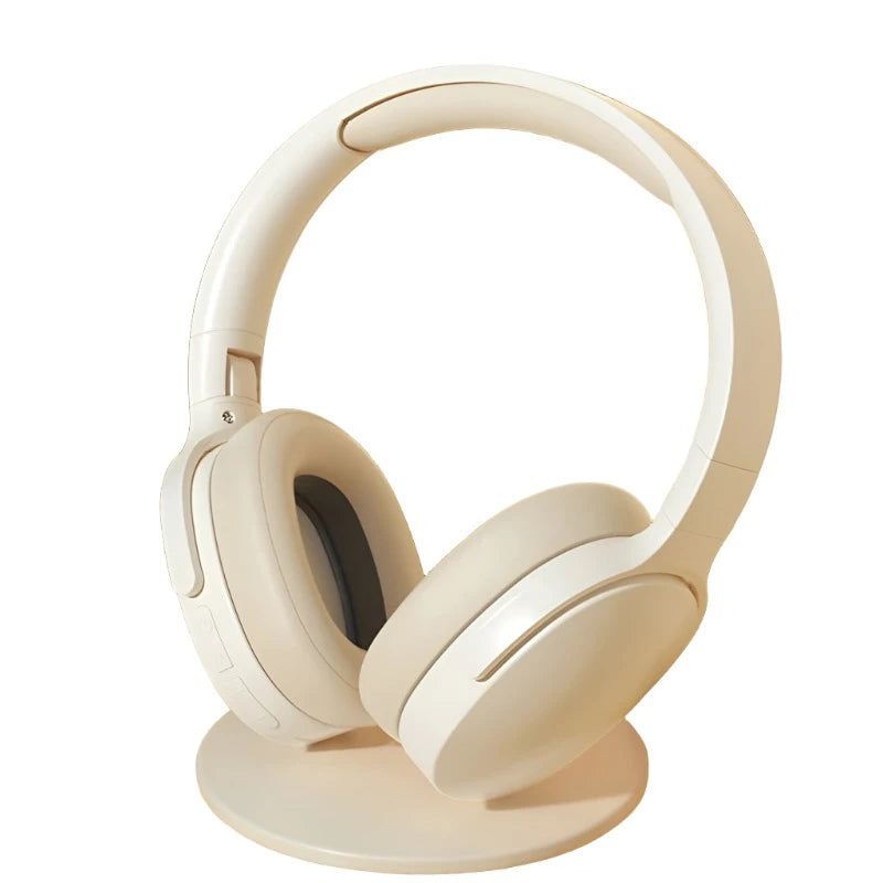 A pair of GENAI P2961 Wireless Headphones by HeadphoneHeat is elegantly presented on a coordinating stand. These cream-colored Bluetooth 5.3 headphones exhibit a sleek and modern design with cushioned ear pads, an adjustable headband, and exceptional sound quality, all showcased against a plain white background.