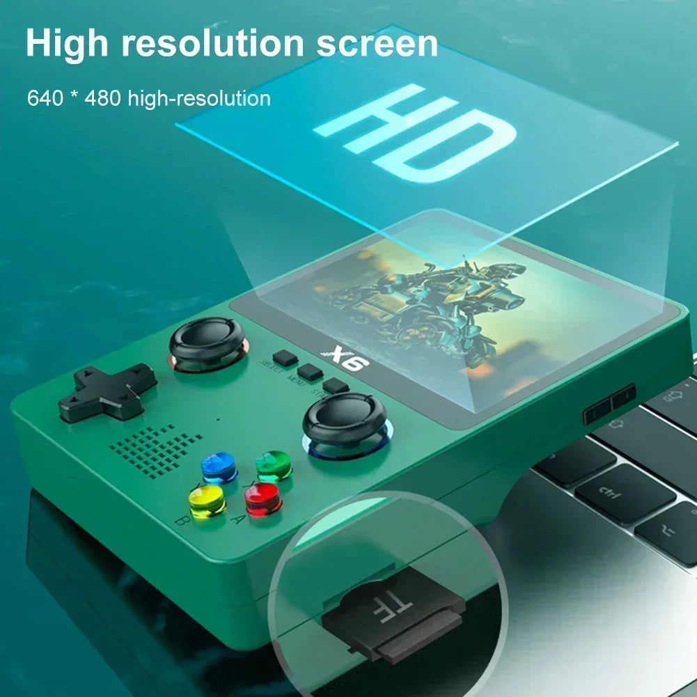 The EVANOVM X6 Retro Game Console from HeadphoneHeat features a sleek green body along with a 3.5/4" IPS screen that showcases vibrant images in high resolution. Equipped with control buttons, joysticks, and easy support for TF cards, this portable gaming device promises an immersive experience in a compact form factor. Text highlights the "640 * 480 high-resolution.