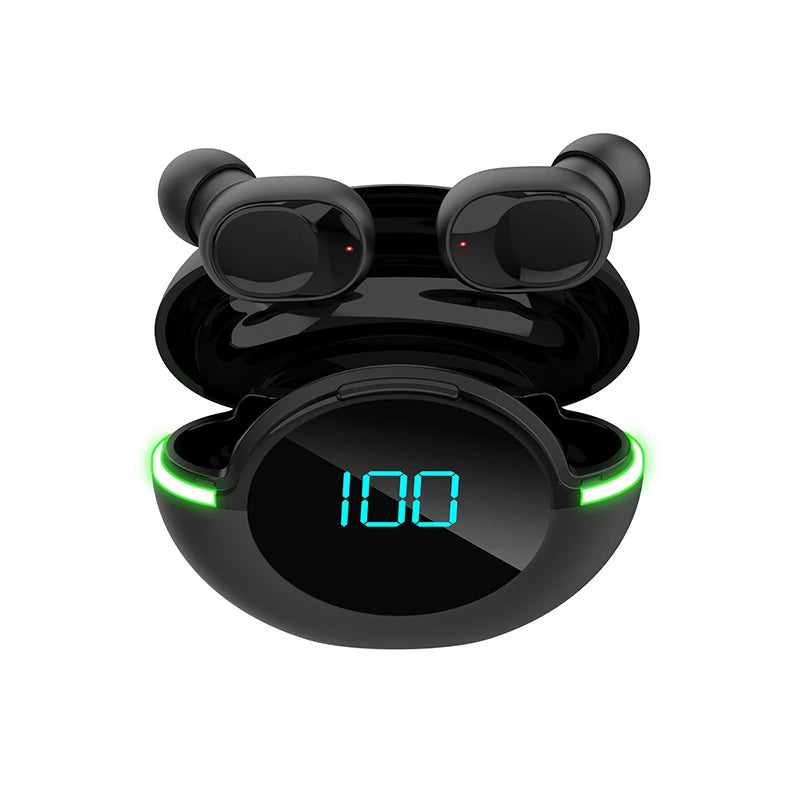 A pair of black, HiFi audio Y80 Wireless Bluetooth Earbuds by HeadphoneHeat inside a charging case with a digital display showing "100." Green LED lights are illuminated around the edges of the case, indicating the Bluetooth 5.0 earbuds are fully charged.