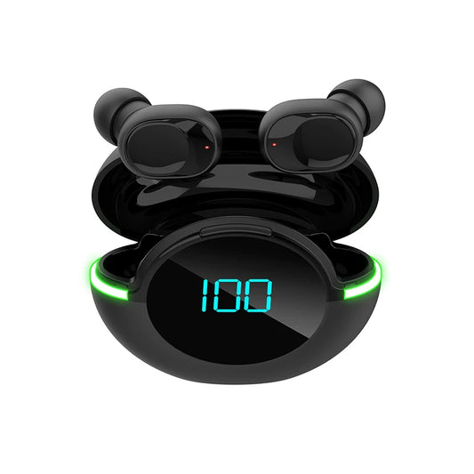 A pair of black, HiFi audio Y80 Wireless Bluetooth Earbuds by HeadphoneHeat inside a charging case with a digital display showing "100." Green LED lights are illuminated around the edges of the case, indicating the Bluetooth 5.0 earbuds are fully charged.