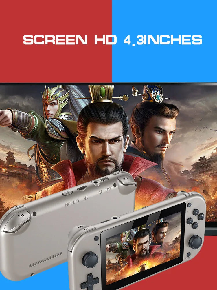 An advertisement displays the HeadphoneHeat HRUEDA M17 Handheld Portable Game Console Linux PSP/N64 with a 4.3-inch HD screen. The console showcases a historical game with warrior characters in traditional attire. In the background, the same game appears on a larger screen. Text reads "SCREEN HD 4.3 INCHES." Perfect for classic game enthusiasts!