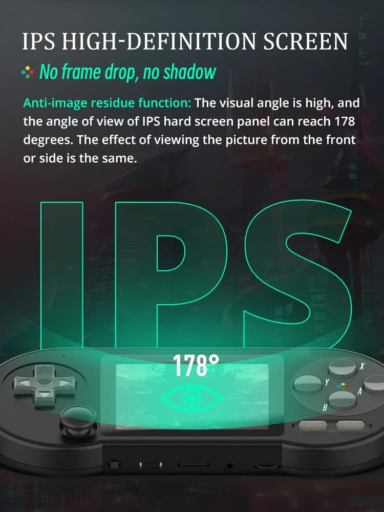 A promotional image for the HeadphoneHeat DATA FROG SF2000 Black Handheld Game Console with an IPS high-definition screen. The device displays a game with an angle of view up to 178 degrees. Text highlights include "No frame drop, no shadow" and "Anti-image residue function.