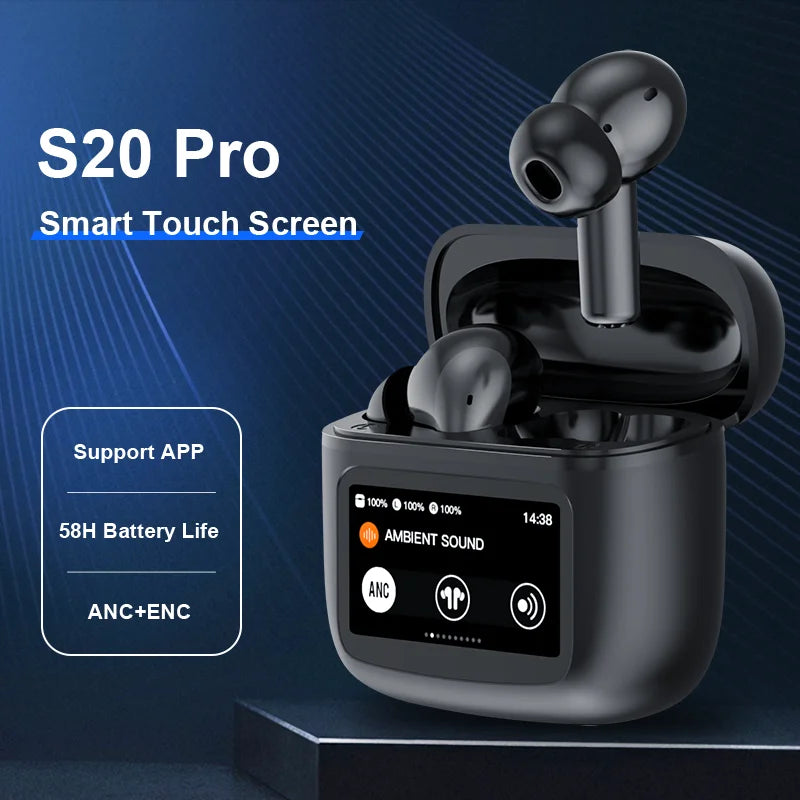 Image of a pair of black Beatfade S20 Pro Touch Screen ANC Wireless Earbuds from HeadphoneHeat, displayed with a sleek smart touch screen case. The background has a dark blue gradient accentuated by light streaks. Text on the image highlights key features including application support, 58-hour battery life, and active noise cancellation (ANC+ENC).