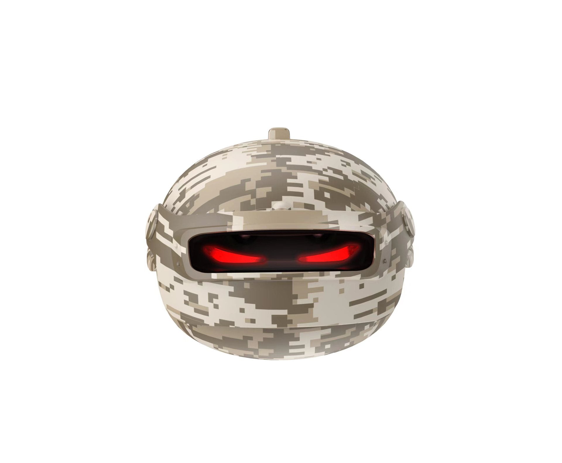 The Fortipod Wireless Neutral Noise Cancellation Gaming Earbuds by HeadphoneHeat feature a digital camouflage pattern and a visor that glows red, resembling a menacing expression. The design suggests a futuristic or military theme, featuring Bluetooth protocol 5.3 for seamless connectivity.