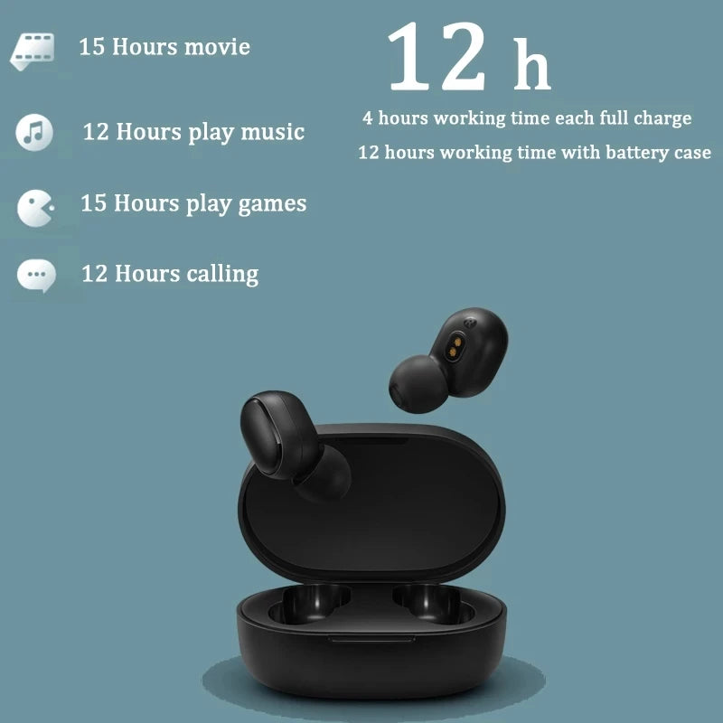 Image of black true wireless Xiaomi Redmi Airdots S earbuds with a charging case on a blue background. White text detailing battery life for various uses: "15 Hours movie, 12 Hours play music, 15 Hours play games, 12 hours calling," and "12 h" working time with a description of 4 hours per charge and 12 hours with the case. Available from HeadphoneHeat.Com.