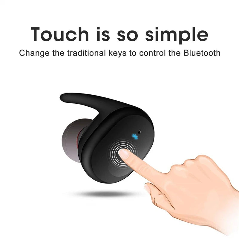 A hand touching the surface of a black earbud, activating its touch control feature. Text above reads "Touch is so simple" and "Change the traditional keys to control the CHUYONG Y30 TWS Wireless Earbuds 5.0 with Dynamic Vocalism Technology by HeadphoneHeat.Com.