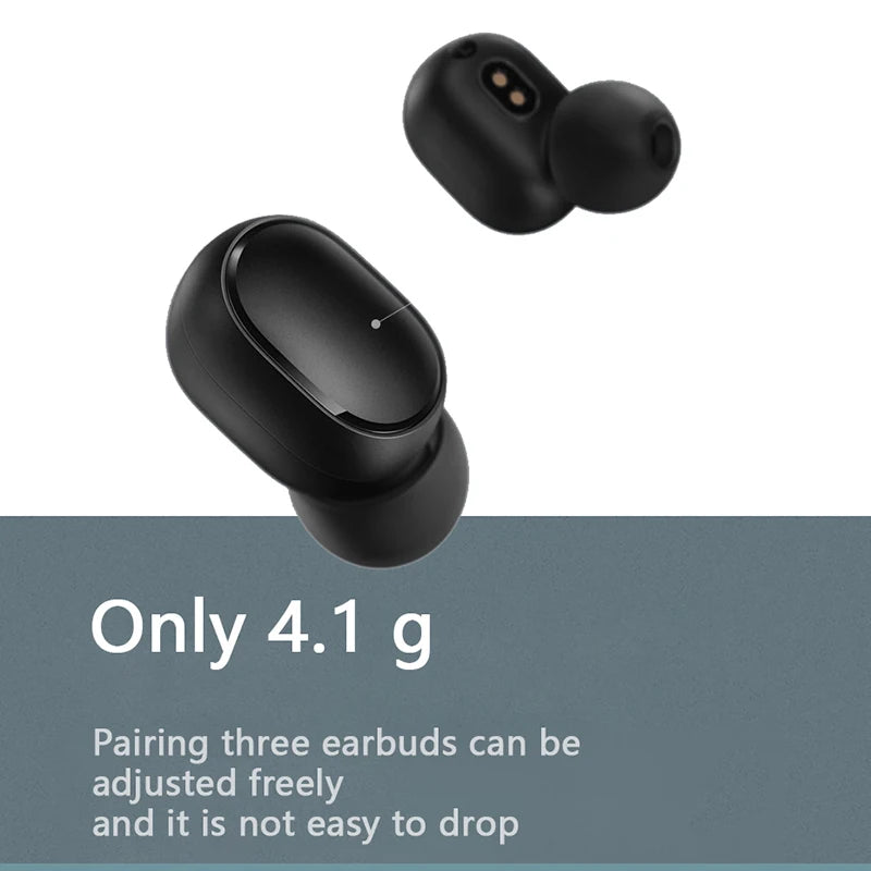 Image of a pair of small, black Xiaomi Redmi Airdots S earbuds with silicone tips, floating against a light background. Text below reads, "Only 4.1 g. Pairing three earbuds can be adjusted freely and it is not easy to drop. Featuring Bluetooth 5.0 technology." Available at HeadphoneHeat.Com.